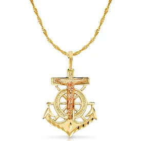 14K Gold Crucifix Anchor Charm Pendant with 1.8mm Singapore Chain Necklace