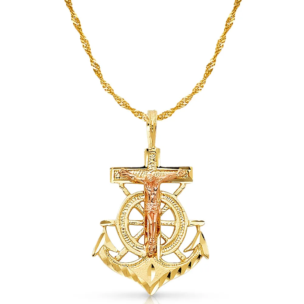 14K Gold Crucifix Anchor Charm Pendant with 1.8mm Singapore Chain Necklace