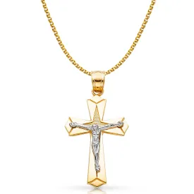 14K Gold Crucifix Charm Pendant with 1.7mm Flat Open Wheat Chain Necklace