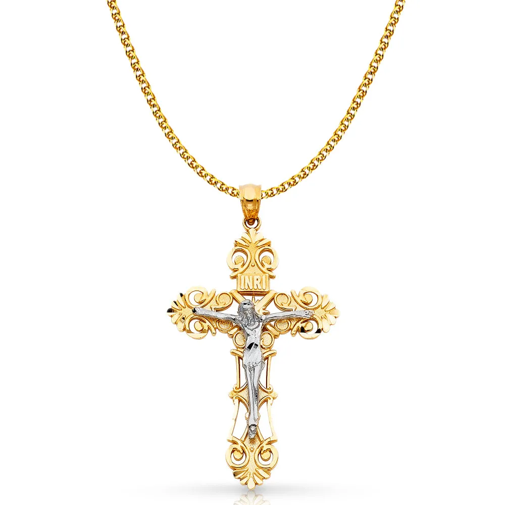 14K Gold Crucifix Charm Pendant with 2mm Flat Open Wheat Chain Necklace