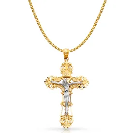 14K Gold Crucifix Charm Pendant with 2mm Flat Open Wheat Chain Necklace