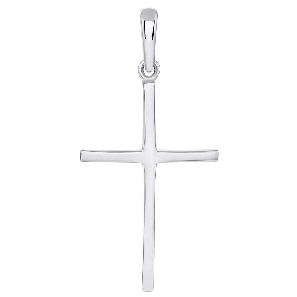 14k White Gold Solid Slender Slope Christian Cross Pendant Necklace