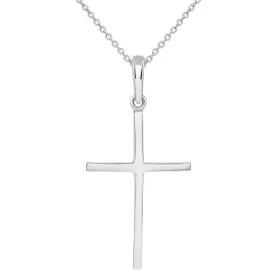 14k White Gold Solid Slender Slope Christian Cross Pendant Necklace