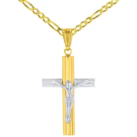 14K Yellow Gold & White Gold Passion Cross Crucifix Pendant Necklace