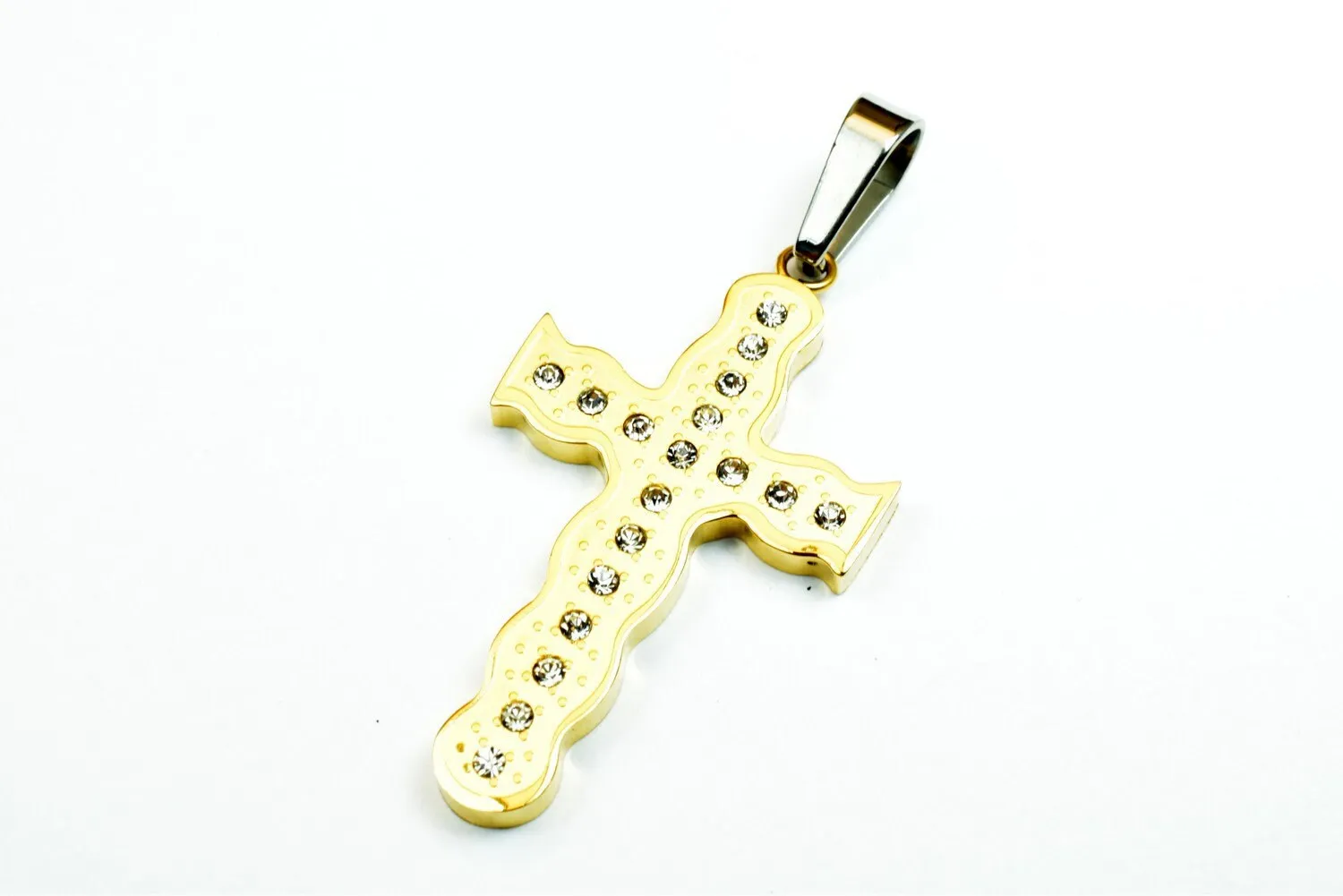 18K Gold Filled Cross Stainless Steel Pendants Cubic Zirconia Size 44x25mm, Christian Religious Charm Communion Baptism For Jewelry Making