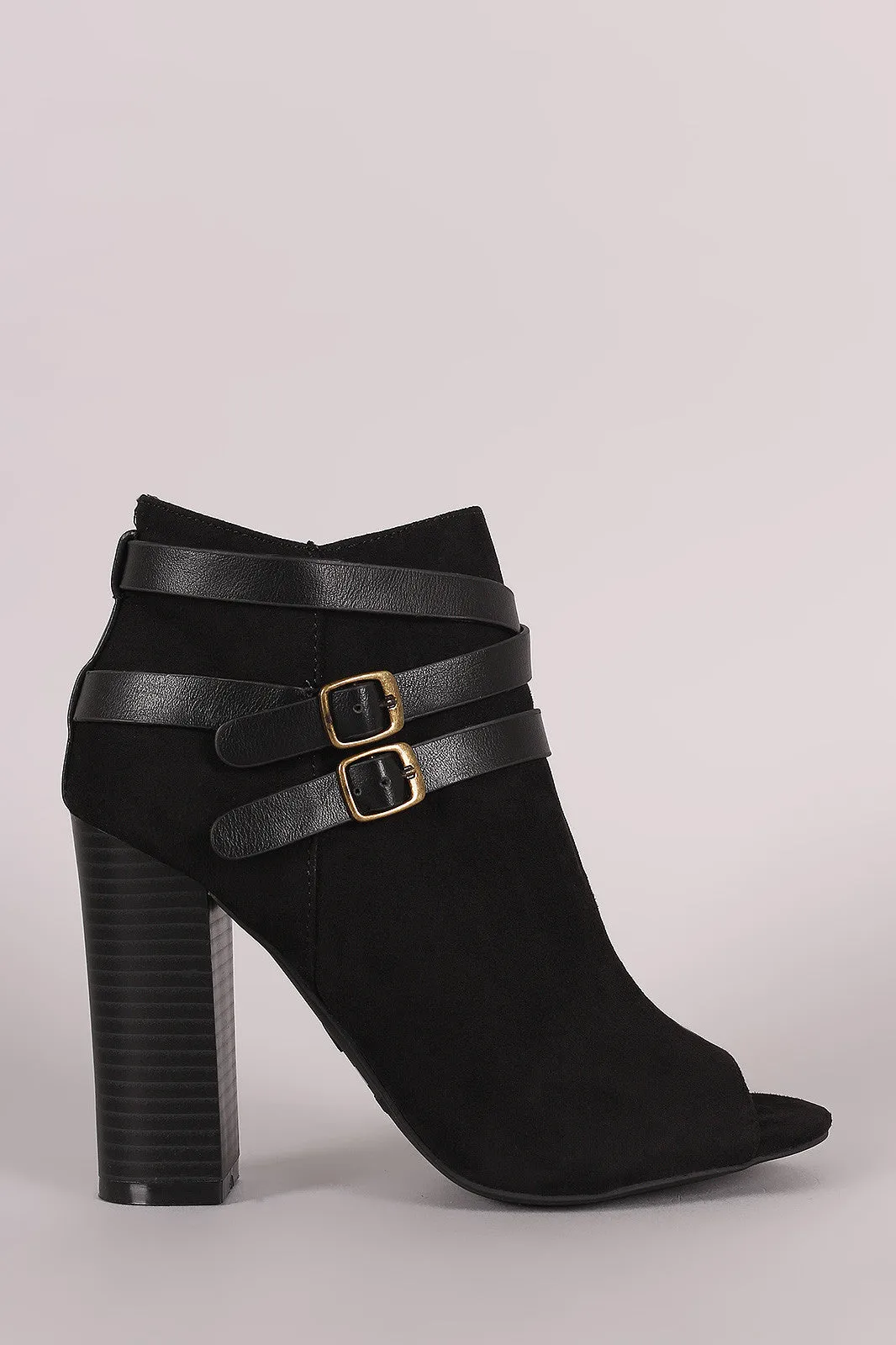 Bamboo Suede Buckled Strap Chunky Heeled Booties