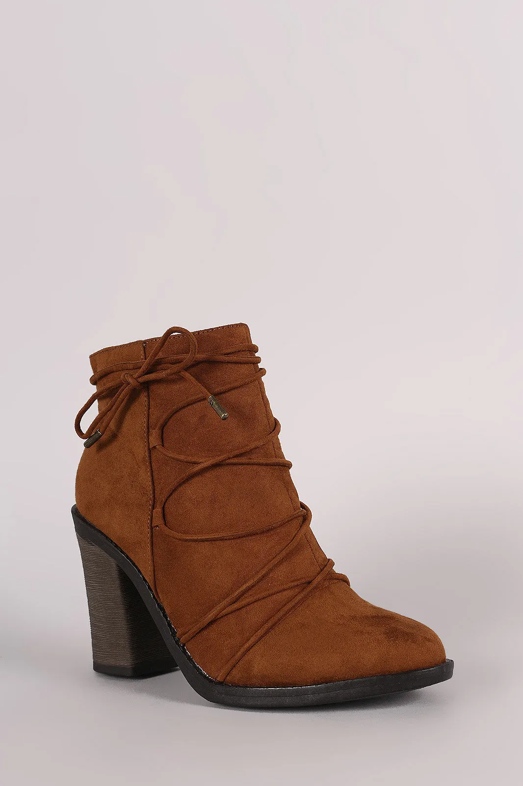 Bamboo Suede Lace Wrap Chunky Heeled Booties