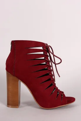 Bamboo Suede Peep Toe Lace-Up Cutout Booties