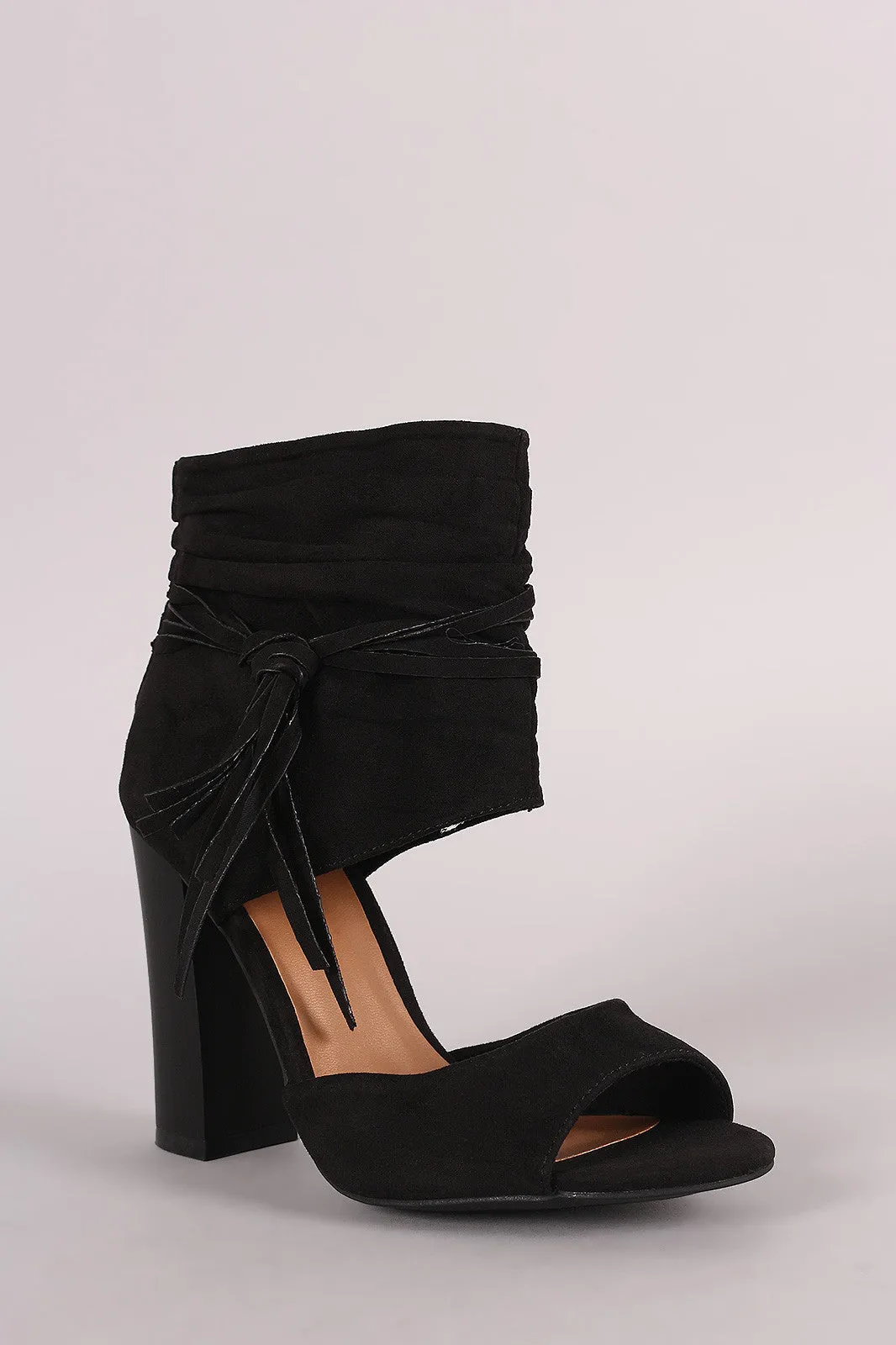 Bamboo Tassel Ruched Ankle Cuff Chunky Heel