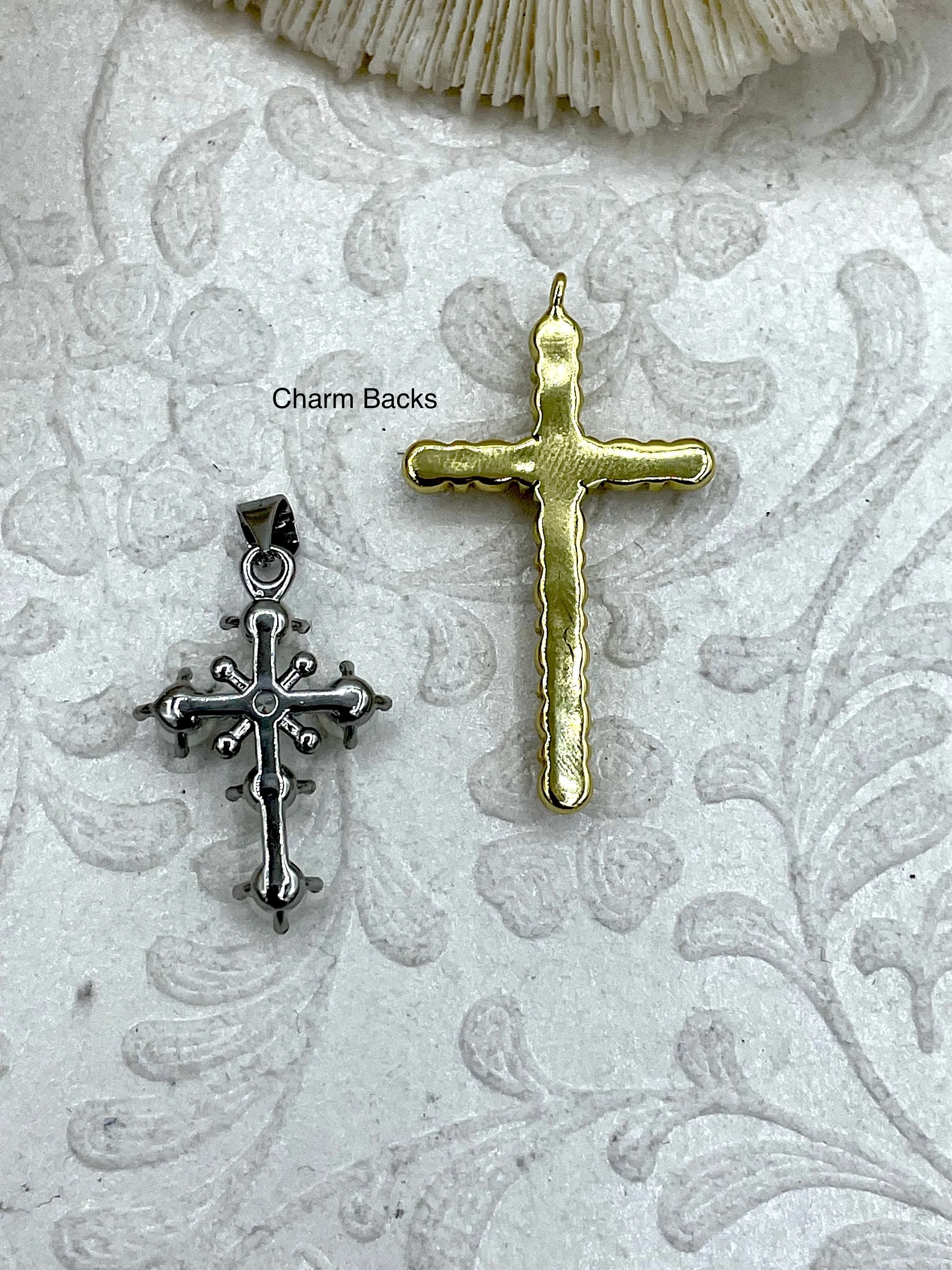 Brass Cross Charms with Pearls and CZ, Religious Cross, Brass Cross Charm, CZ Cross Pendant, Small Silver or Large Gold, Fast Ship