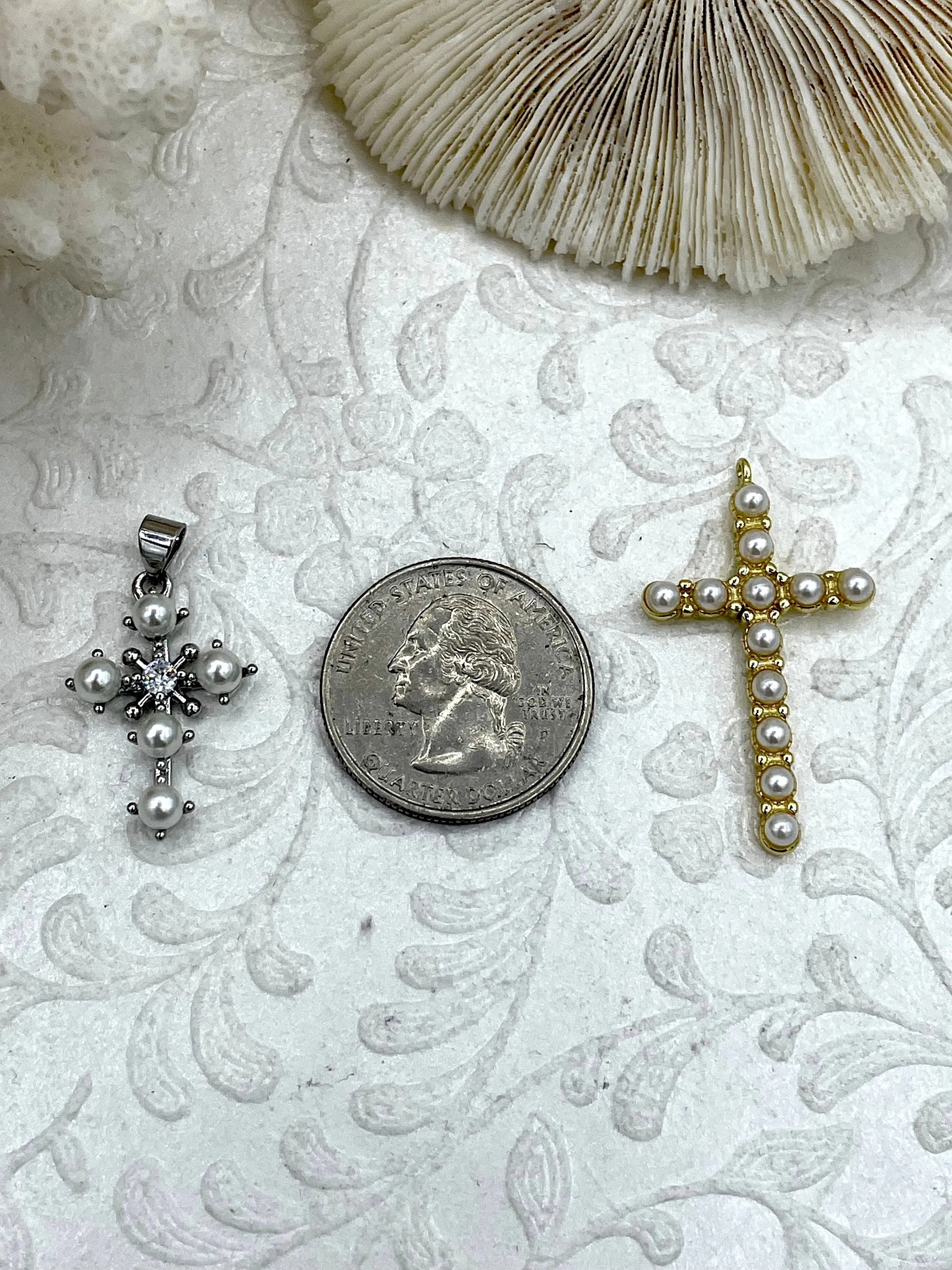 Brass Cross Charms with Pearls and CZ, Religious Cross, Brass Cross Charm, CZ Cross Pendant, Small Silver or Large Gold, Fast Ship