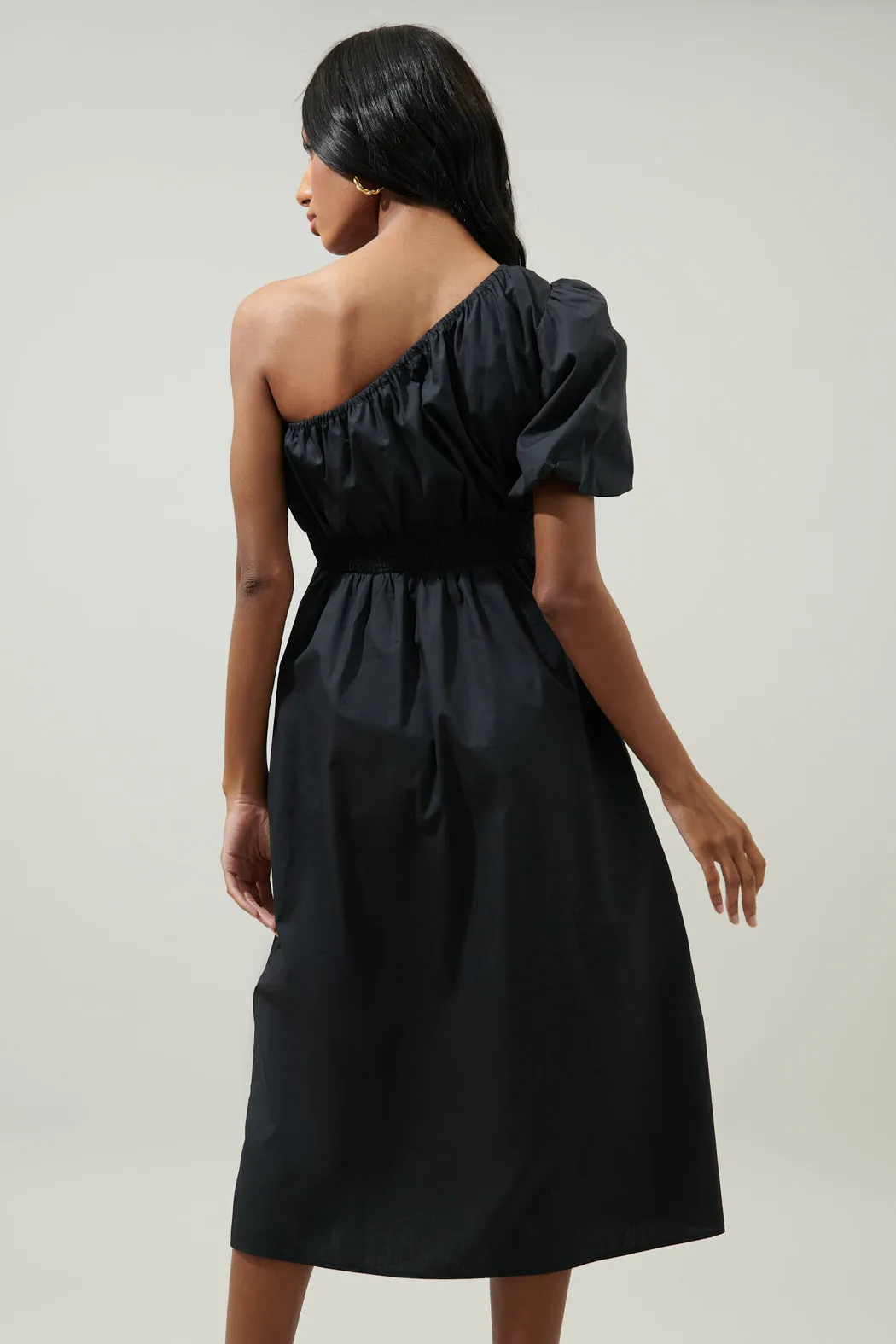 Bridgette One Shoulder Balloon Sleeve Poplin Midi Dress