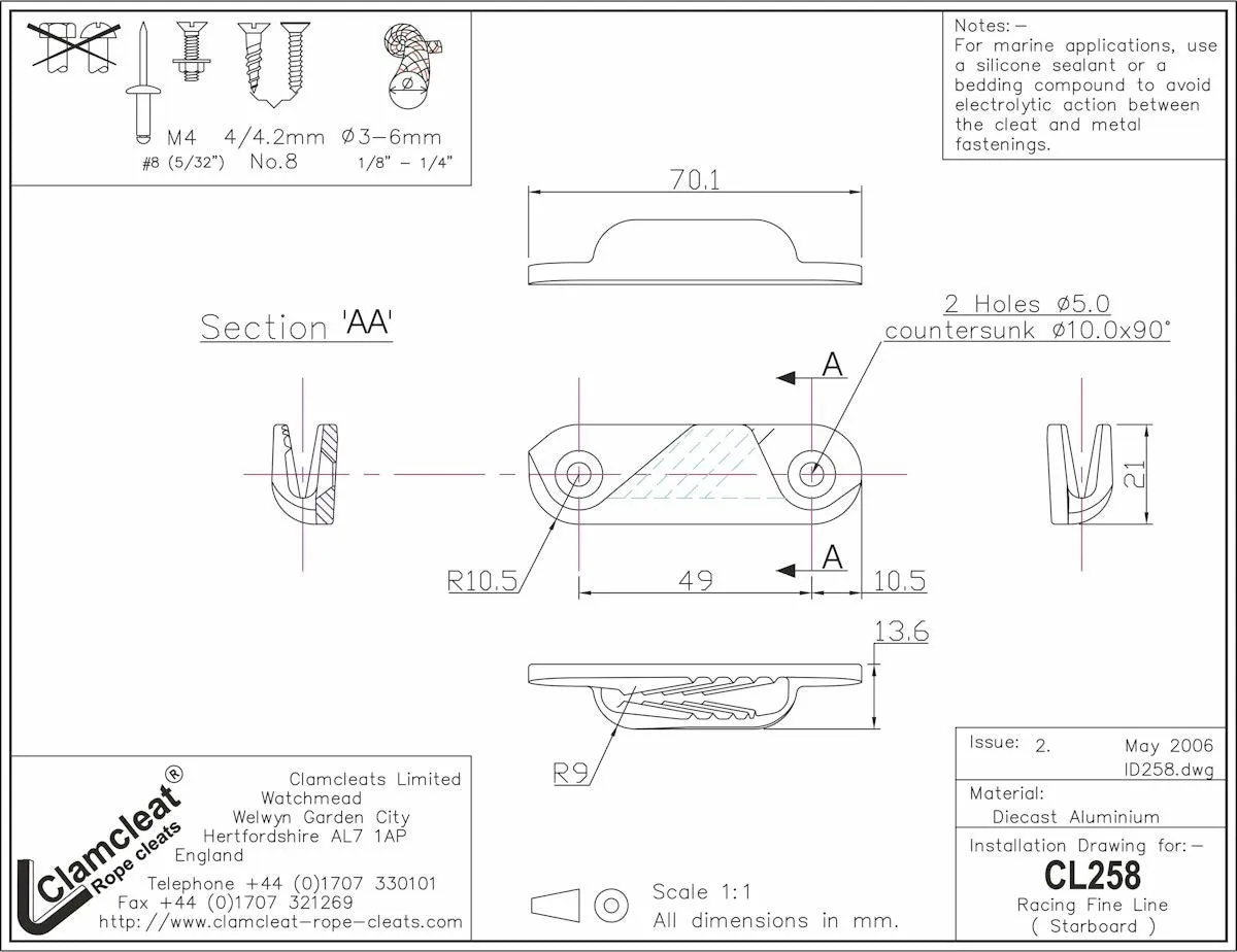 Clamcleat CL258 Racing Fine Line (Starboard)