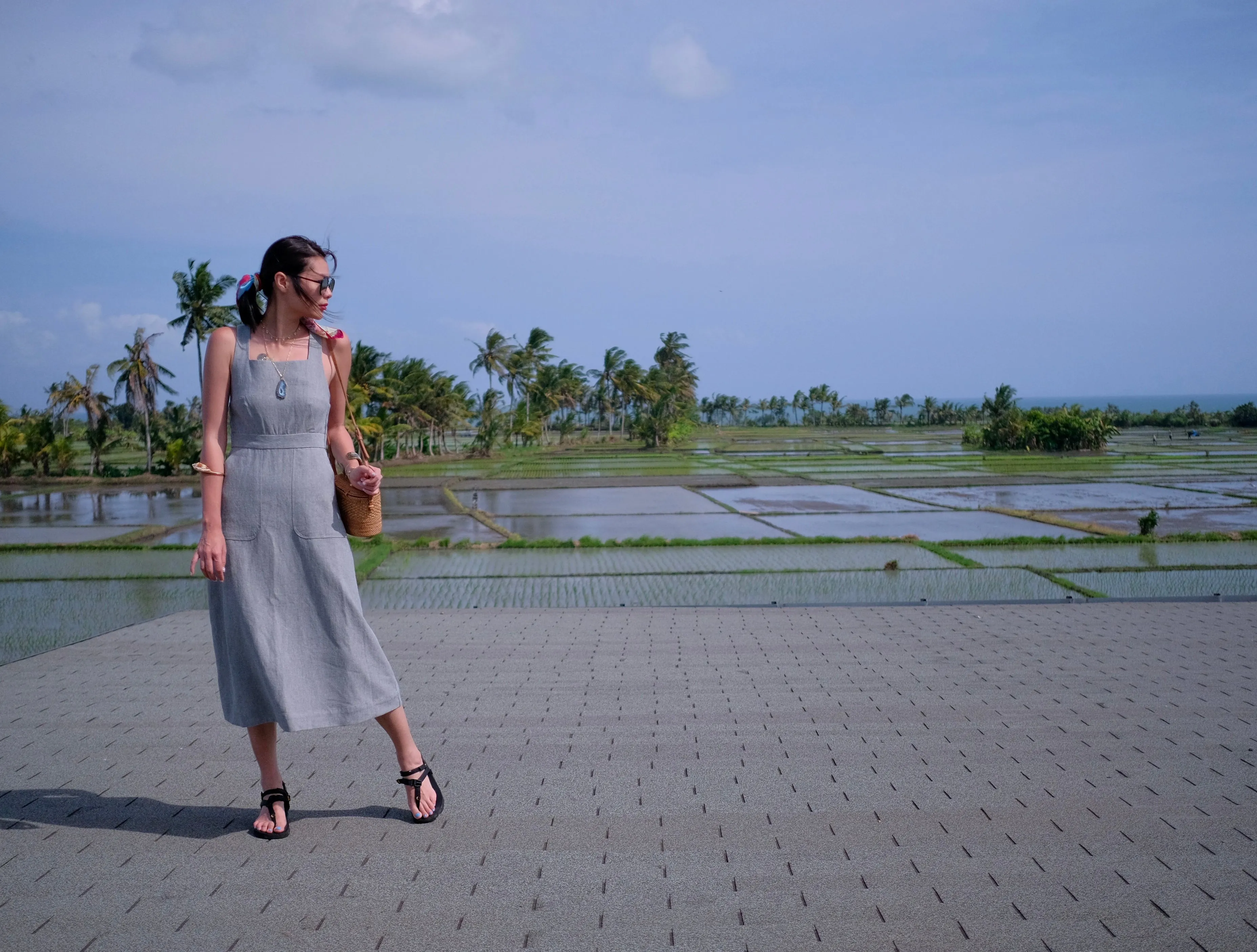 Grey Linen Cross Back Midi Dress