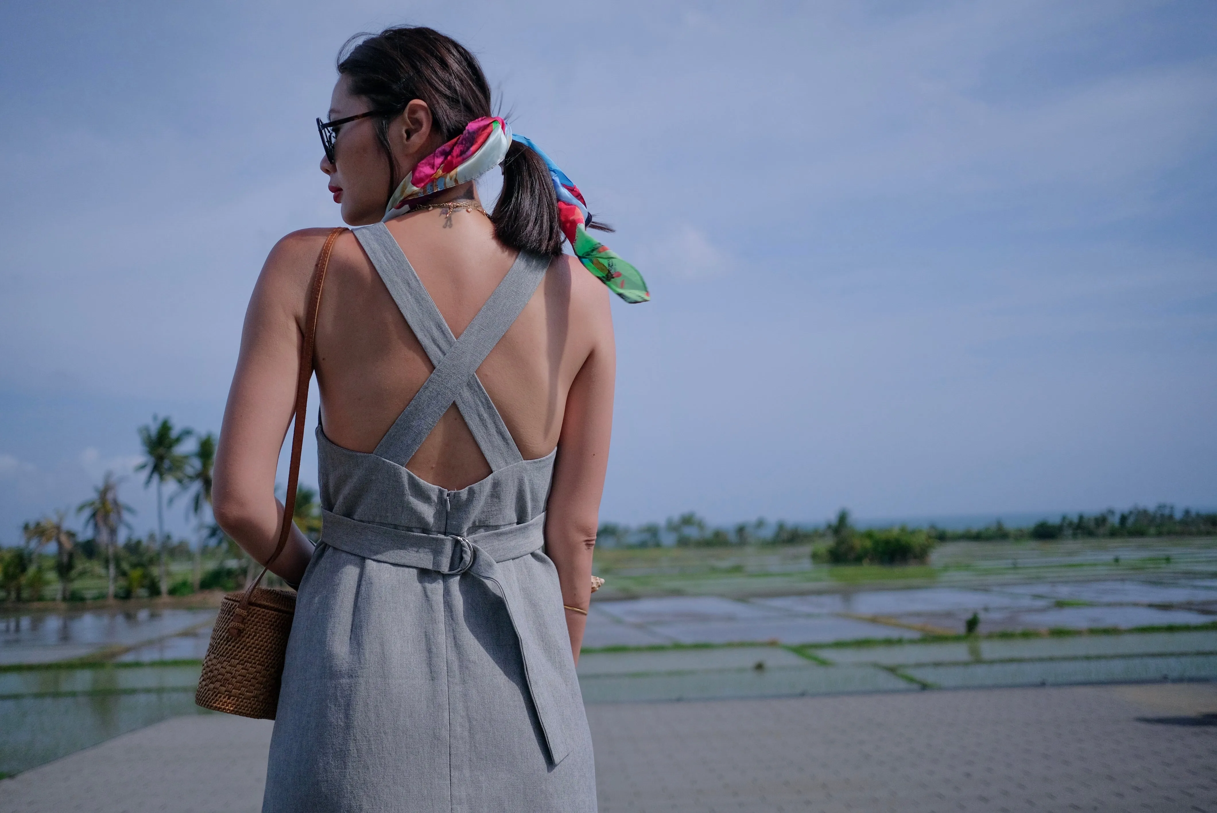 Grey Linen Cross Back Midi Dress