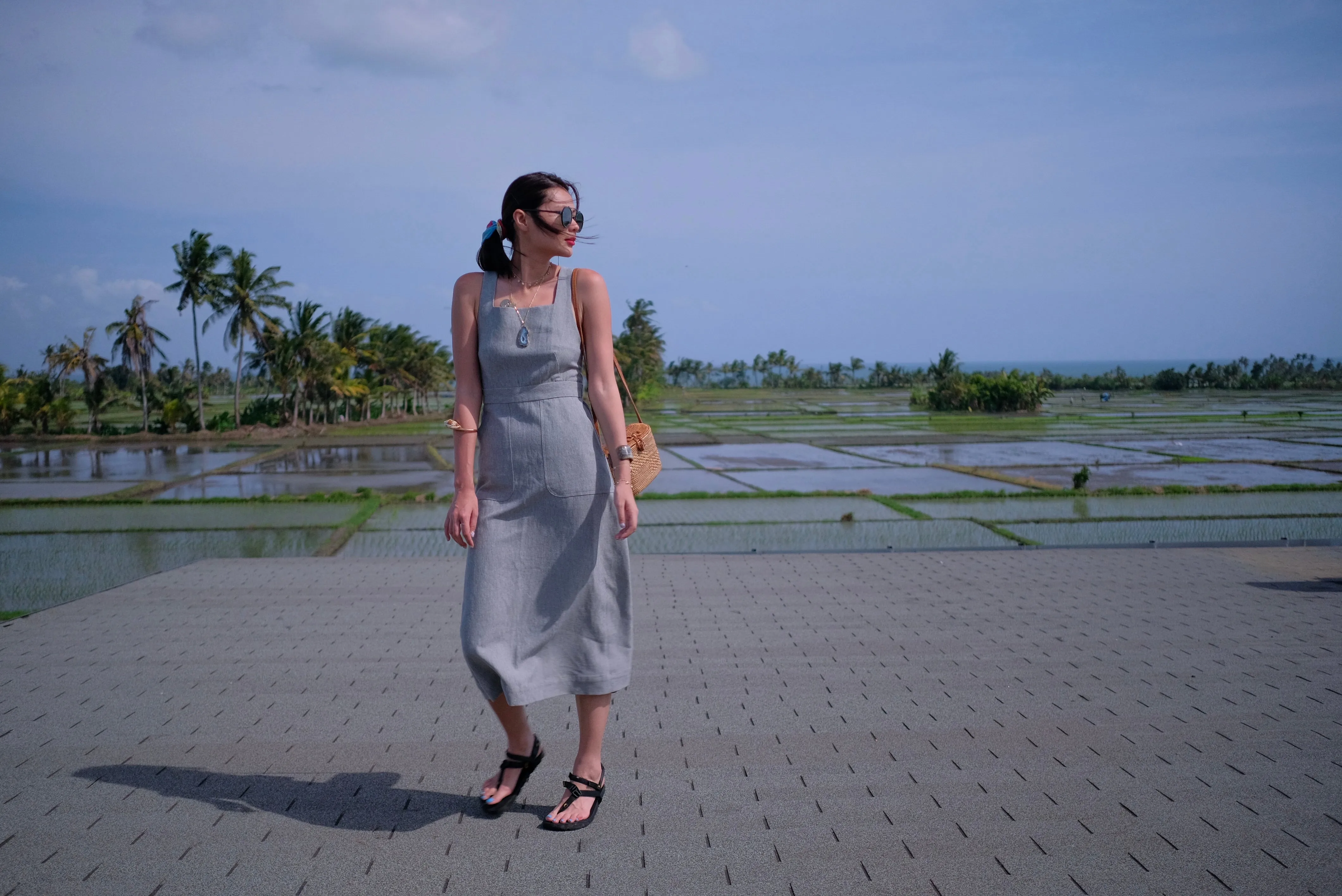 Grey Linen Cross Back Midi Dress