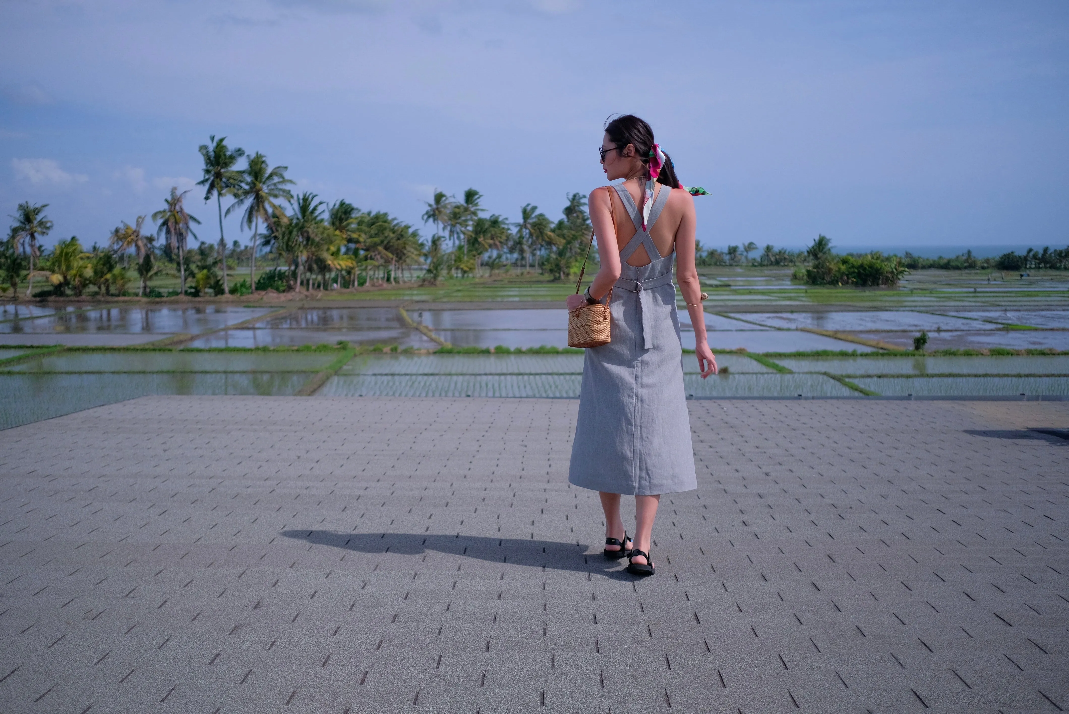 Grey Linen Cross Back Midi Dress