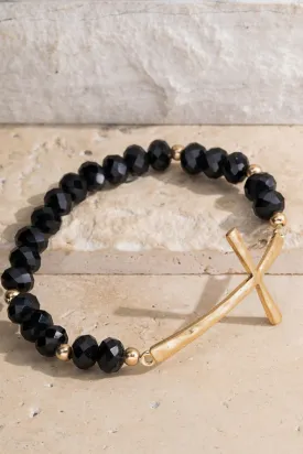 Hammered Metal Cross Glass Beaded Stretch Bracelet- Black/Gold