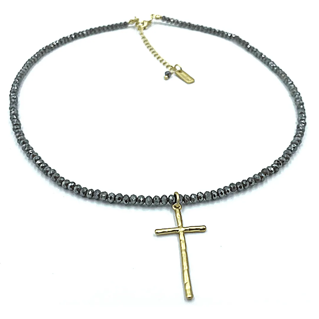 Prayer Cross on Pyrite Necklace in Gold