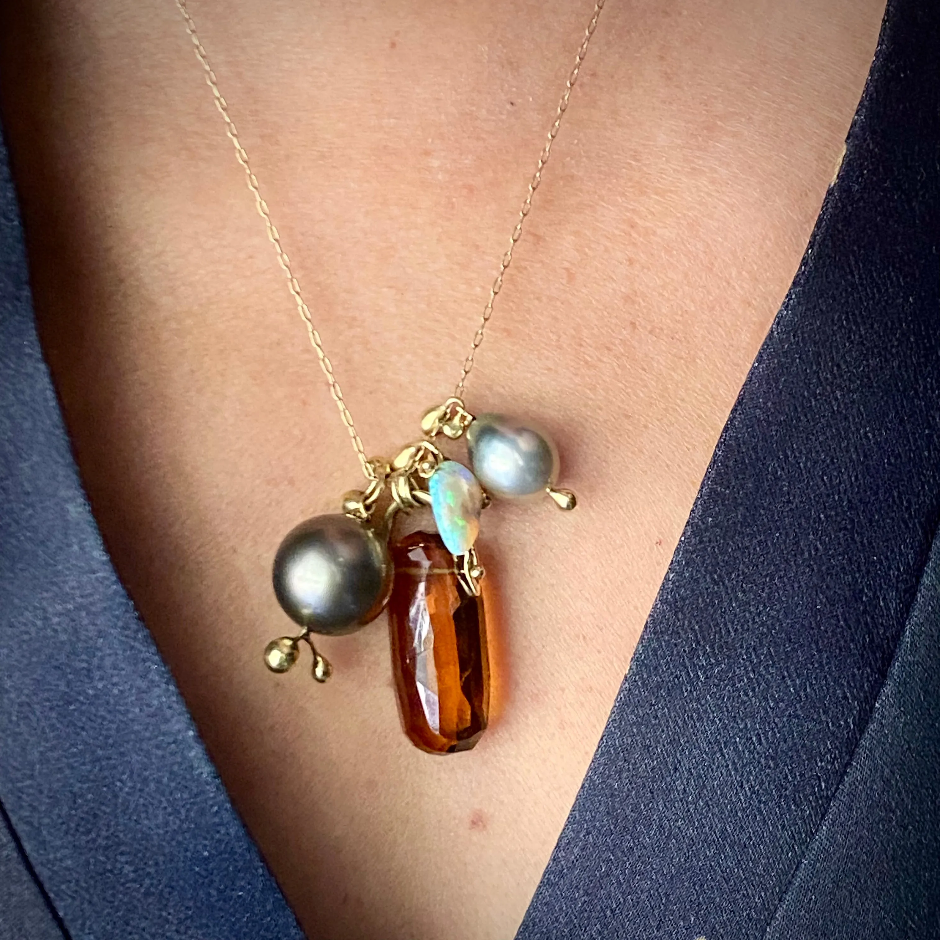 TenThousandThings 18k One of a Kind Tahitian Pearl, Citrine and Opal Charm Necklace