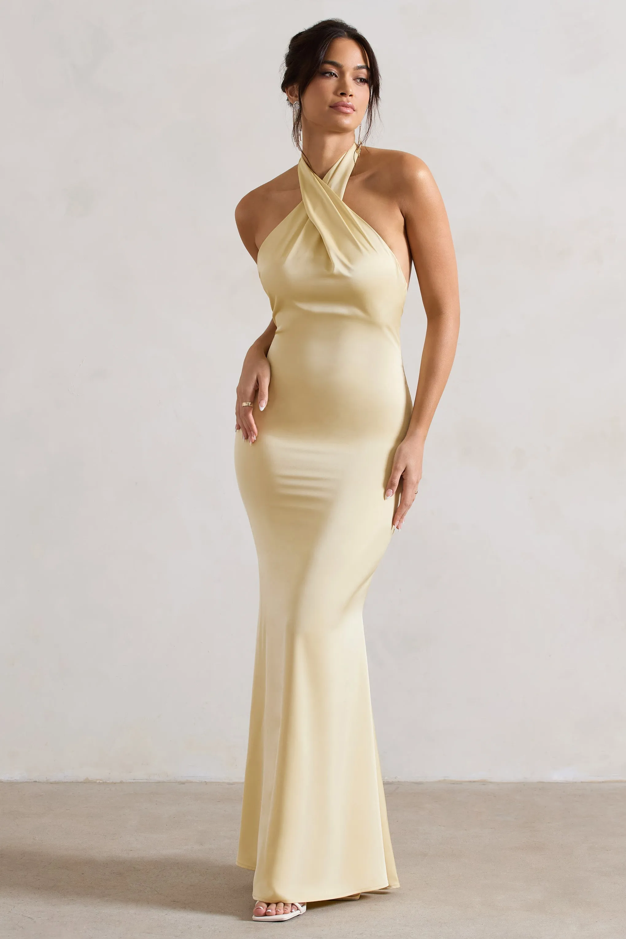 Unbeatable | Lemon Satin Cross Over Halter-Neck Maxi Dress